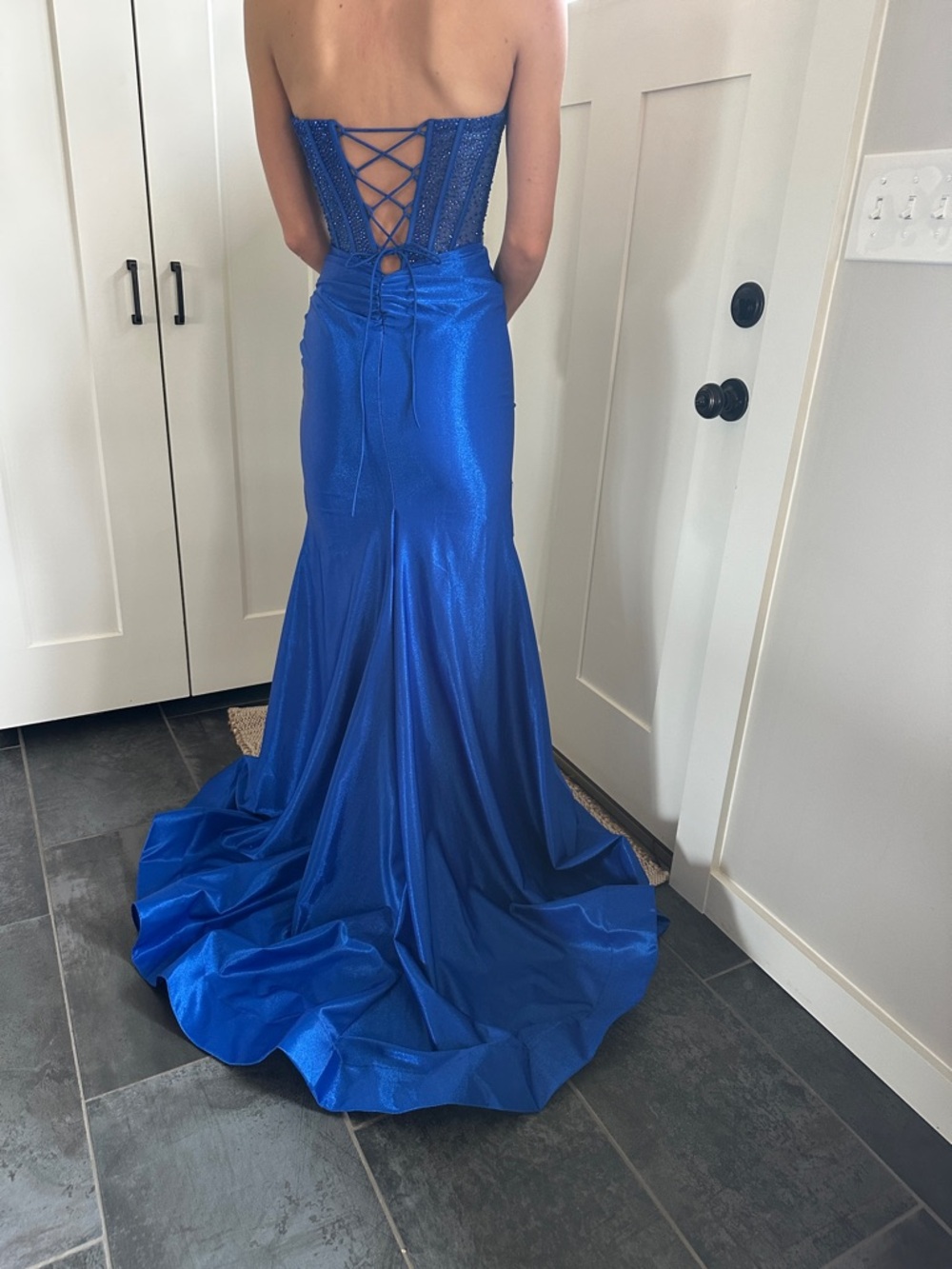 Strapless Royal Blue Evening Gown with Beaded Bodice - Picture 3 of 3